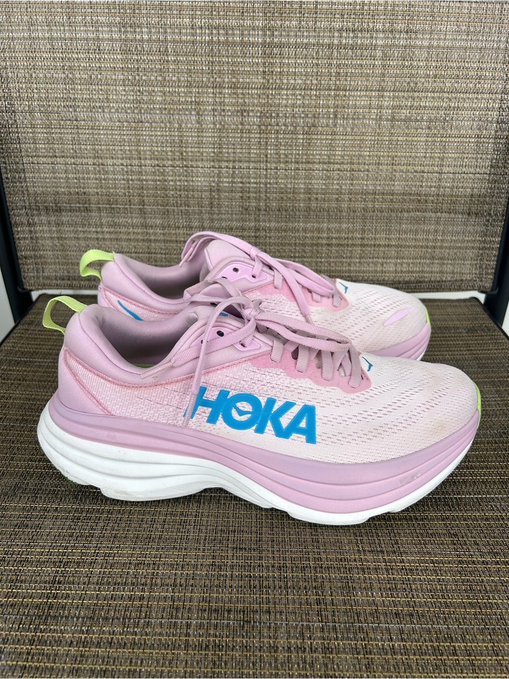 EUC Hoka One size 9 B Bondi 8 Pink white sneakers Athletic Running Shoes PTWL